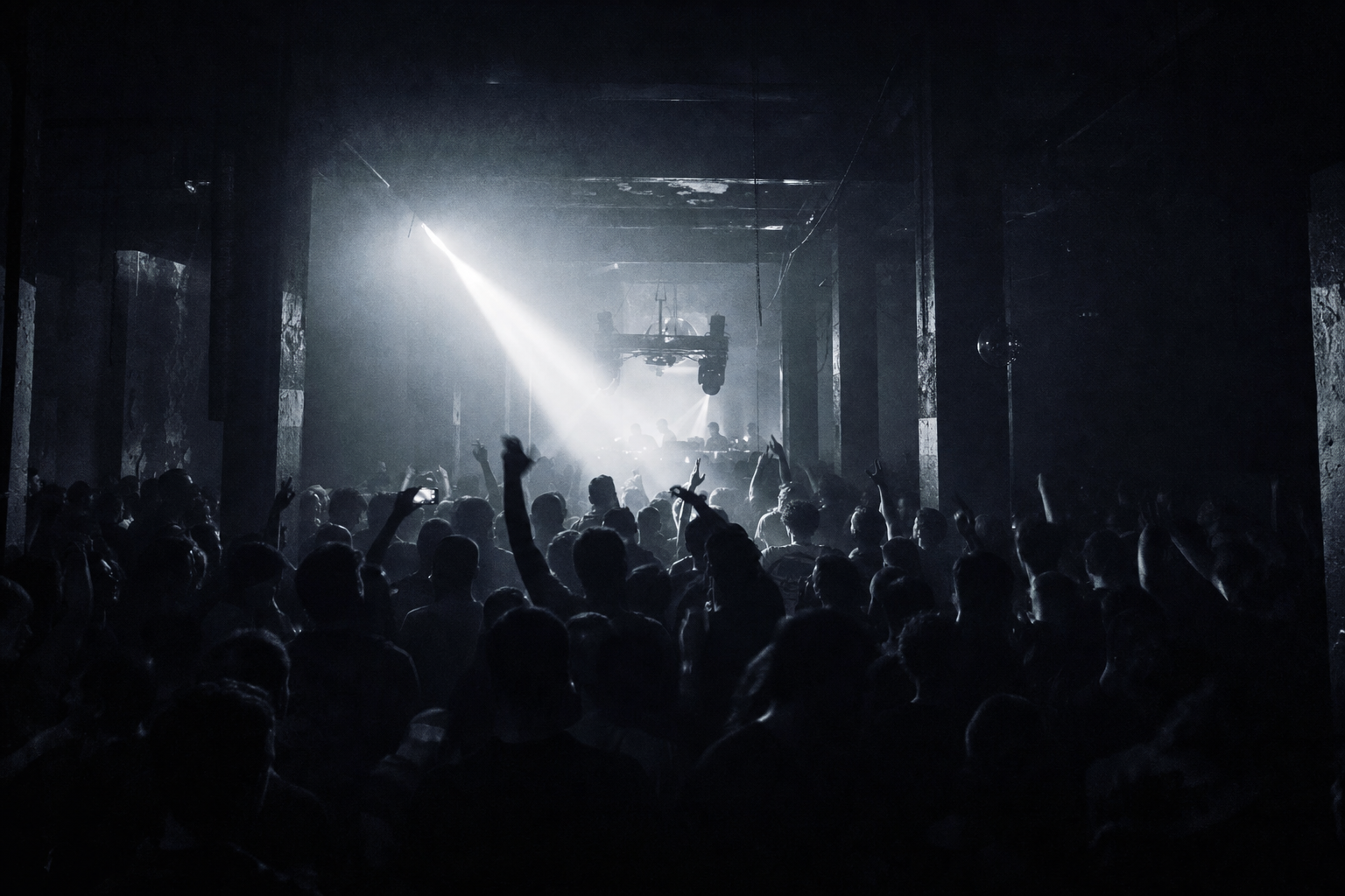 A crowd inside a dark concrete warehouse, a single beam of light cutting through smoke toward the booth